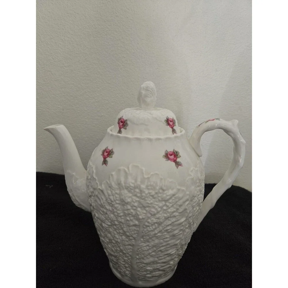 Vintage Spode Bridal Rose Coffee Pot Savoy Cabbage Leaf Fine Bone Cina England